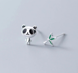 Panda and Bamboo Uneven Earrings