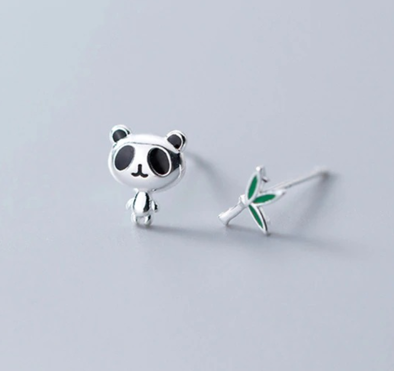 Panda and Bamboo Uneven Earrings