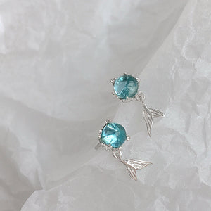 Blue Crystal Minimalist Silver Mermaid Stud Earrings