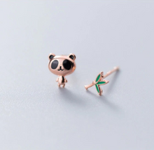 Load image into Gallery viewer, Panda and Bamboo Uneven Earrings