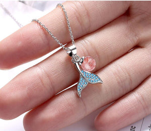 Pink Crystal Sterling Silver Blue Mermaid Necklace