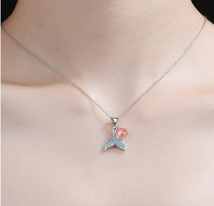 Pink Crystal Sterling Silver Blue Mermaid Necklace