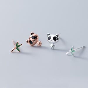 Panda and Bamboo Uneven Earrings