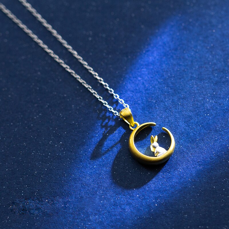 Golden Moon Silver Bunny Necklace